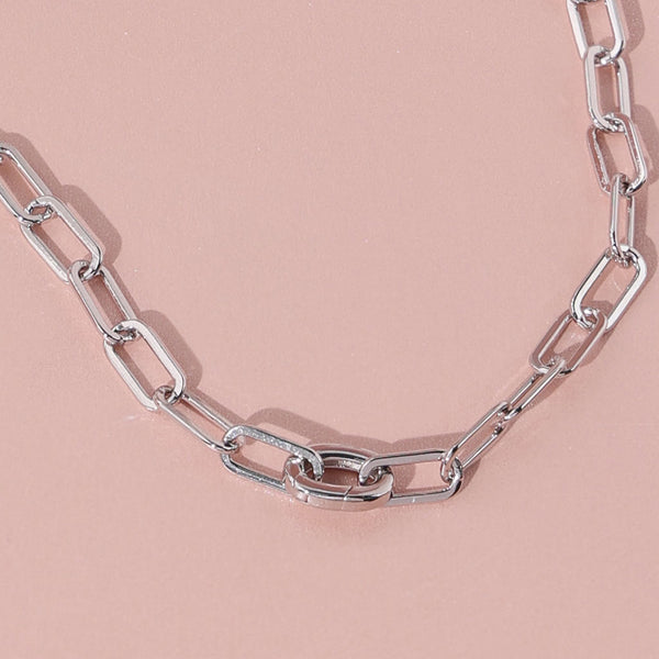 FX0903 925 Sterling Silver Paperclip Link Round Push Clasp Necklace