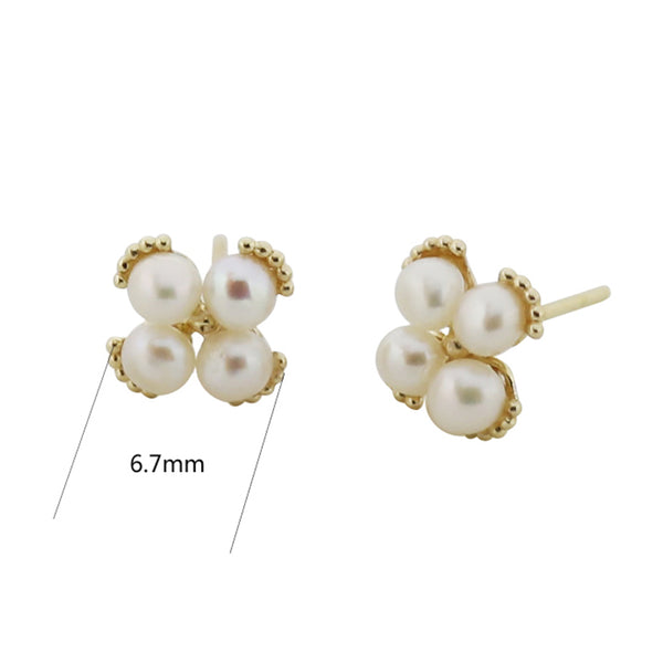 PE0092 925 Sterling Silver Quartet Plump Pearls Flower Stud Earrings