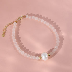 PB0023 925 Sterling Silver Pink Crystal Bead & Singke Pearl Bracelet