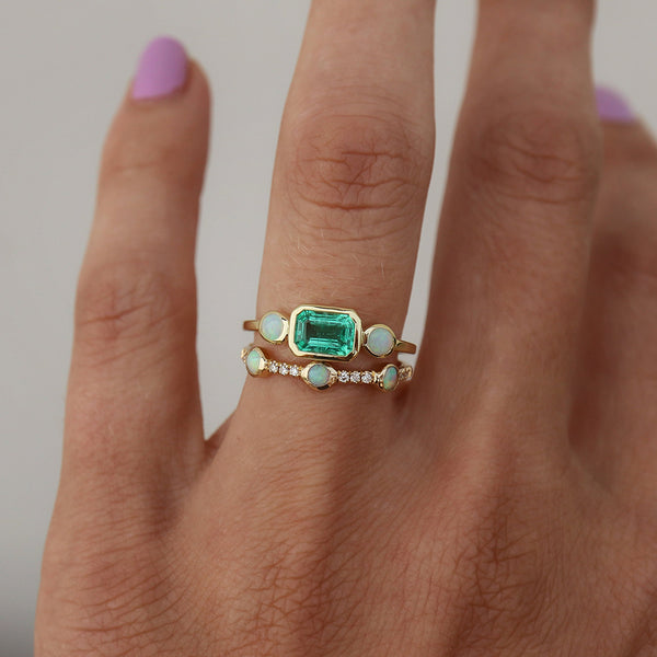 FJ0619 925 Sterling Silver Emerald & Opal Gold Plated Ring