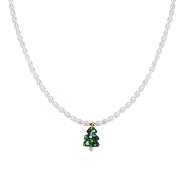 FX0739 925 Sterling Silver Christmas Tree Freshwater Pearl Necklace