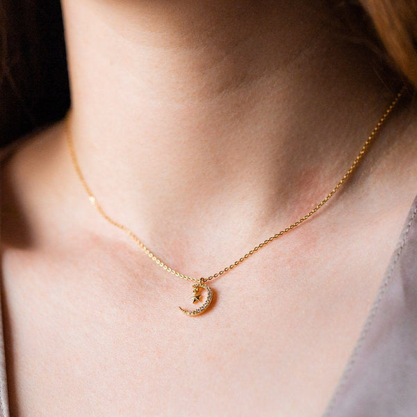 FX0549 925 Sterling Silver Moon & Star Pendant Necklace