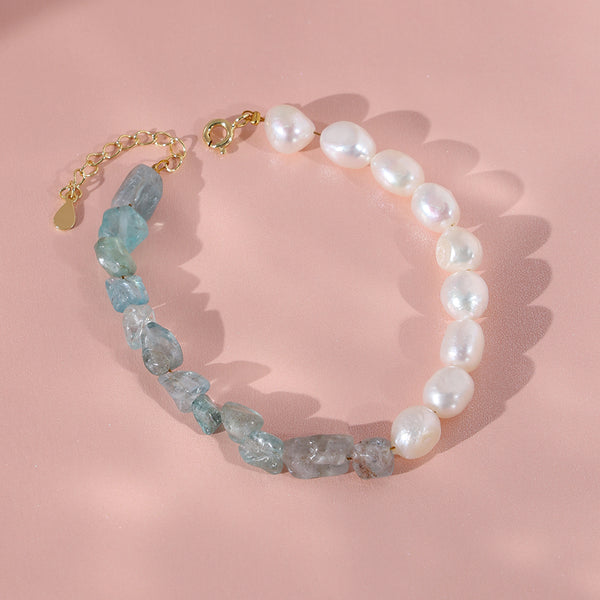 PB0015 925 Sterling Silver Blue Apatite Stone And Freshwater Pearl Bracelet