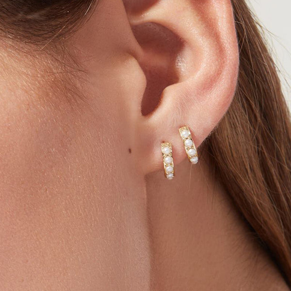 FE1286 925 Sterling Silver Pearl Huggie Hoops Earrings