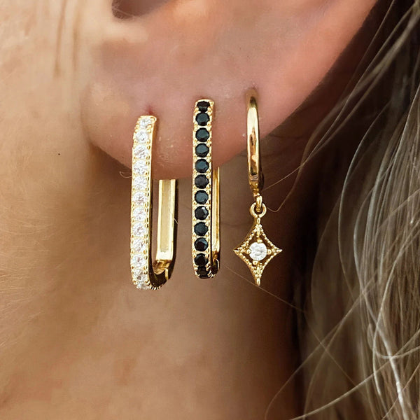 FE1001 925 Sterling Silver Black Zircon Pave Hoop Earrings