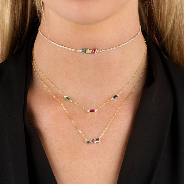 FX0667 925 Sterling Silver CZ Multi Color Emerald Stone Necklace