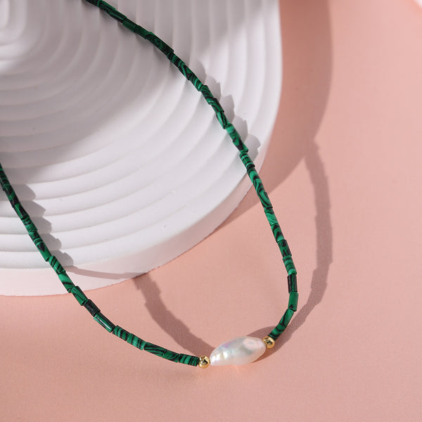 PN0030 925 sterling silver Vintage Malachite & Pearl Women Choker Necklace