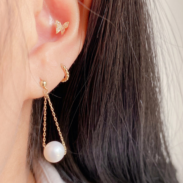 PE0073 925 Sterling Silver Single Round Shell Pearl Chain Stud Earring