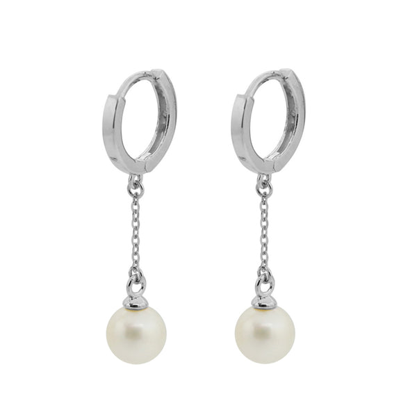 PE0100 925 Sterling Silver Dainty Women Pearl Link Chain Drop Stud Earring