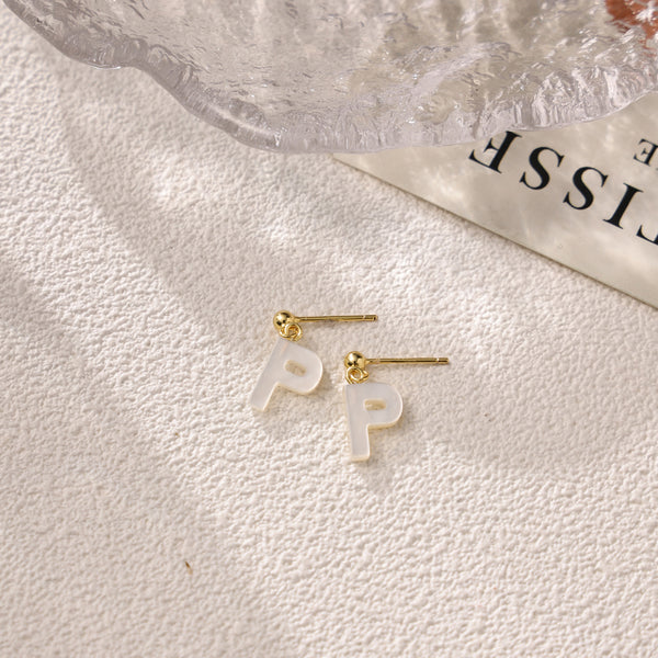 FE2032 925 Sterling Silver Letter A-Z Mother Of Pearl Stud Earrings