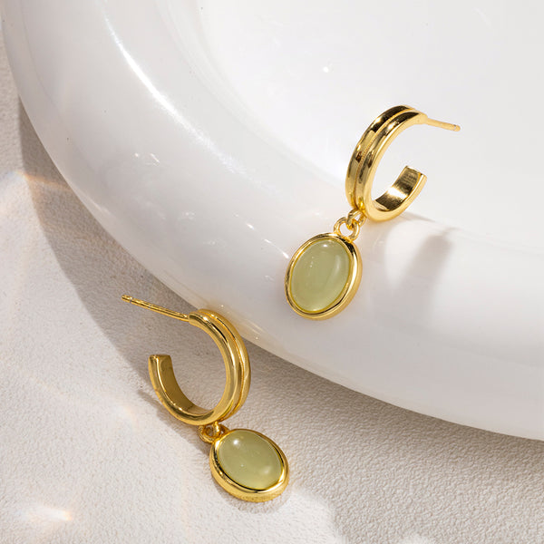 FE1284 925 Sterling Silver Green Gemstone Hoop Earrings