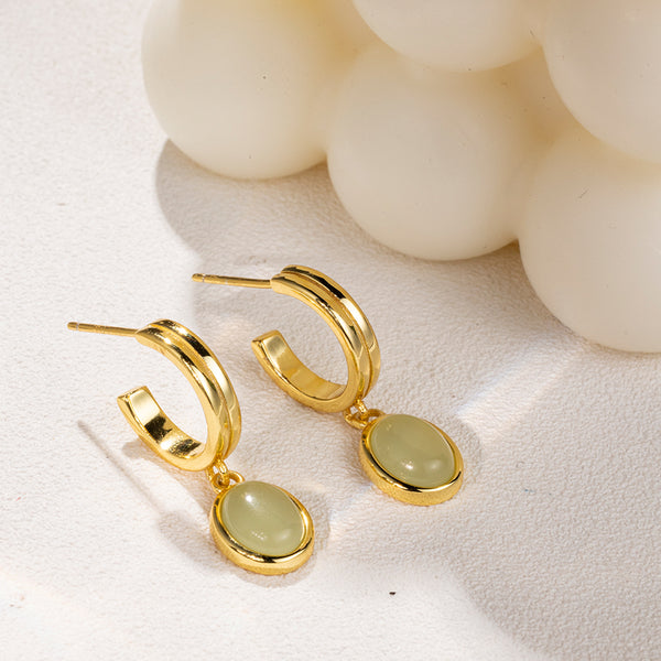 FE1284 925 Sterling Silver Green Gemstone Hoop Earrings