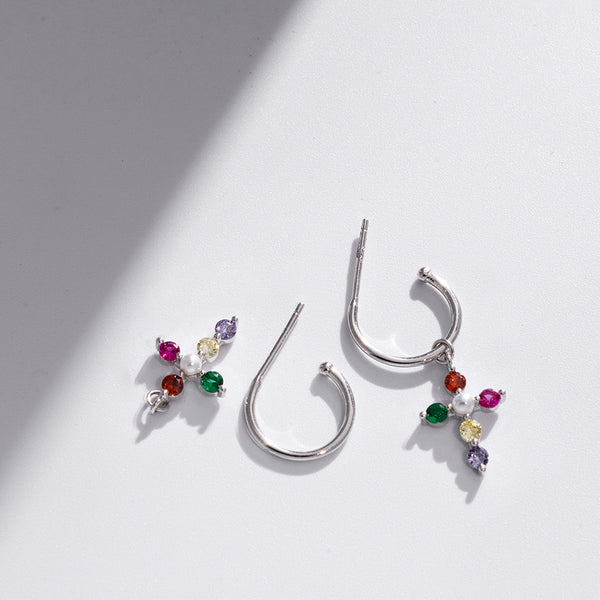 FE1830 925 Sterling Silver Rainbow CZ Cross Dangle Hoop Earring