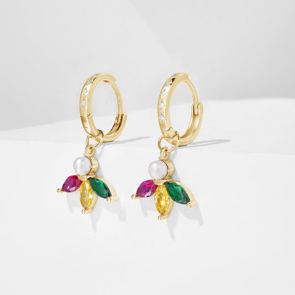 FE1831 925 Sterling Silver Rainbow Marquise CZ Pearl Dangle Hoop Earring