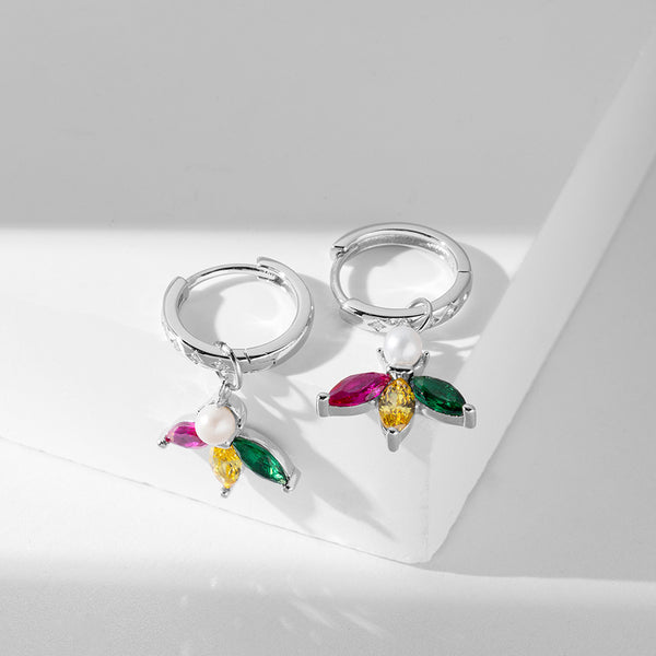 FE1831 925 Sterling Silver Rainbow Marquise CZ Pearl Dangle Hoop Earring