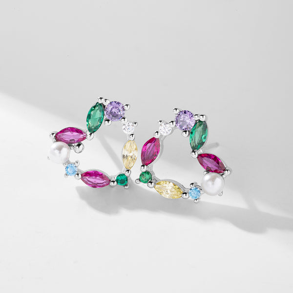 FE1832 925 Sterling Silver Rianbow Cubic Zirconia & Pearl Heart Stud Earring