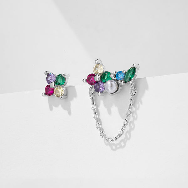 FE1835 925 Sterling Silver Rainbow CZ Freshwater Pearl Stud Chain Earring