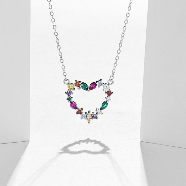 FX0816 925 Sterling Silver Rainbow Marqurose CZ Pearl Heart Pendant Necklace