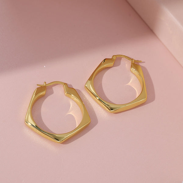 FE1977 925 Sterling Silver Geometric Pentagon Solid Chunky Hoops Earring