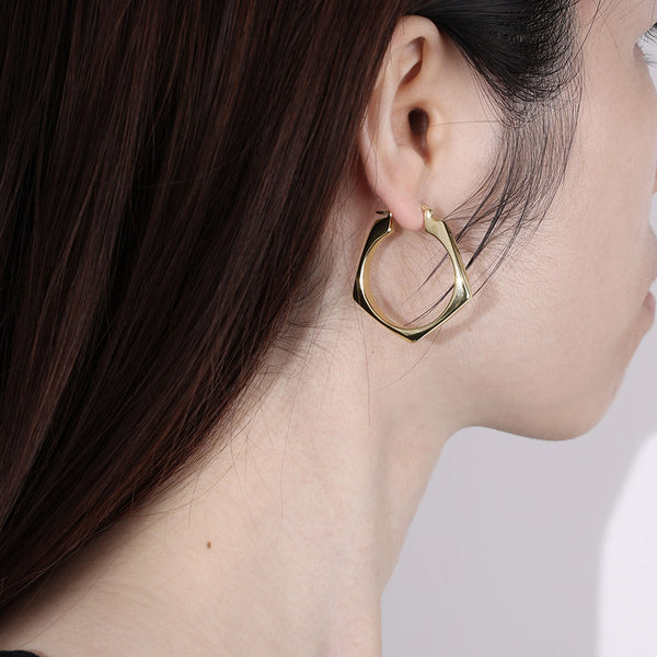 FE1977 925 Sterling Silver Geometric Pentagon Solid Chunky Hoops Earring