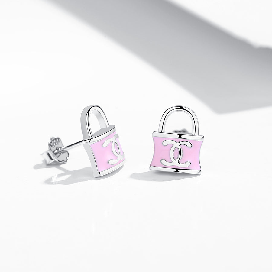 GE3036 925 Sterling Silver Pink Double C Lock Stud Earring