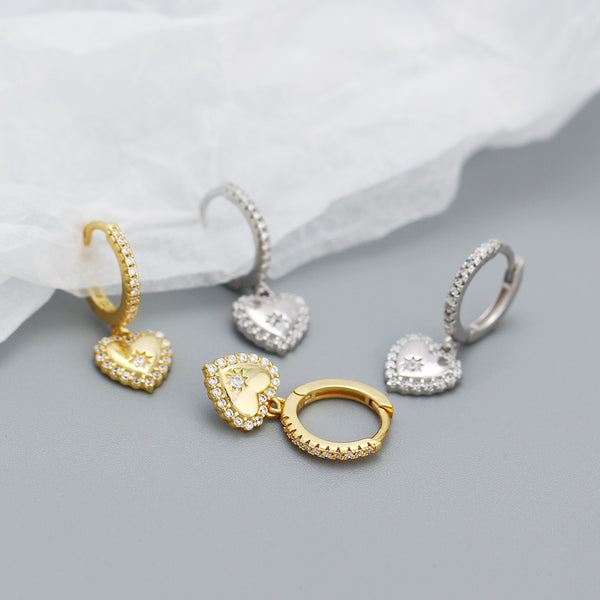 YHE0500 925 Sterling Silver Dainty Cubic Zirconia Heart Drop Hoop Earrings