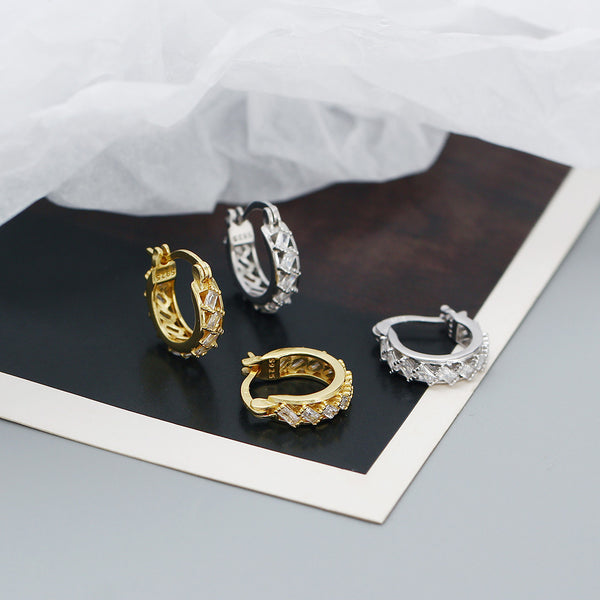 YHE0524 925 Sterling Silver Baguette Rainbow Cubci Zirconia Hoop Earrings