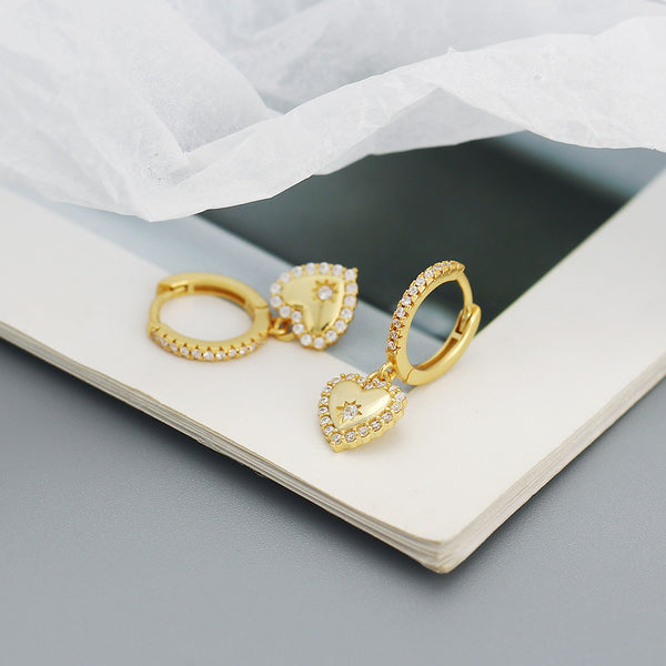 YHE0500 925 Sterling Silver Dainty Cubic Zirconia Heart Drop Hoop Earrings