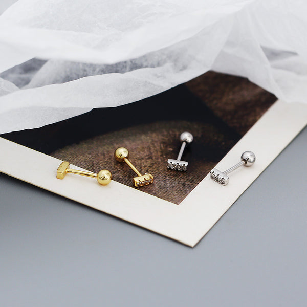 YHE0536 925 Sterling Silver Minimalist CZ Vertical Bar Barbell Stud Earrings