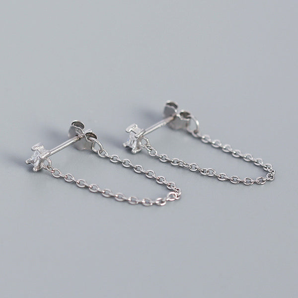 YHE0439 925 Sterling Silver Baguette CZ Women Chain Stud Earrings