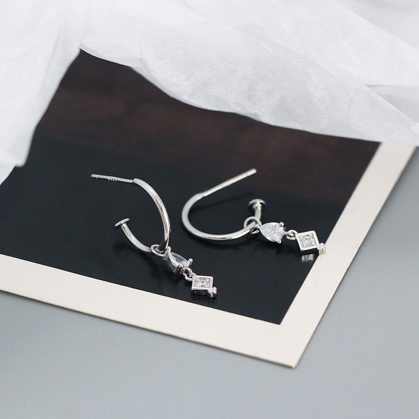 YHE0527 925 Sterling Silver Geometry Cubic Zirconia Drop Half Open Hoop Earring