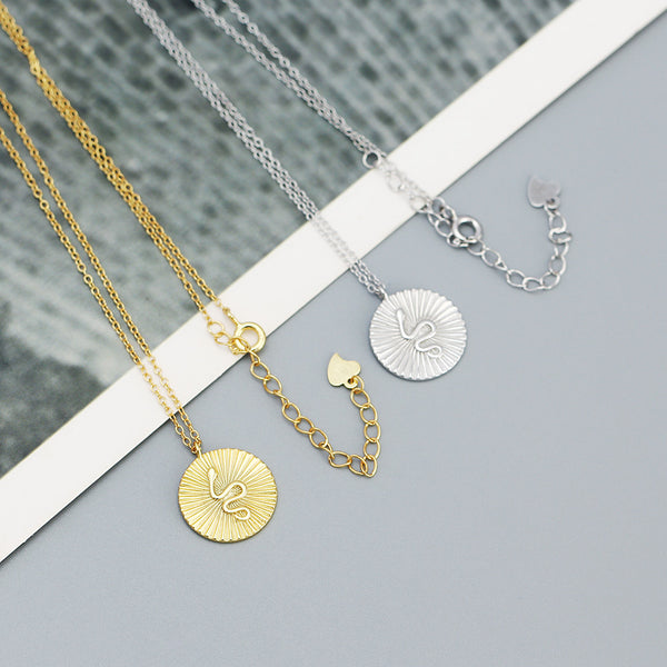 YHN073 925 Sterling Silver Women Snake Texture Coin Pendant Necklace
