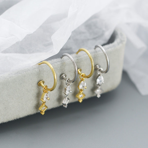 YHE0527 925 Sterling Silver Geometry Cubic Zirconia Drop Half Open Hoop Earring