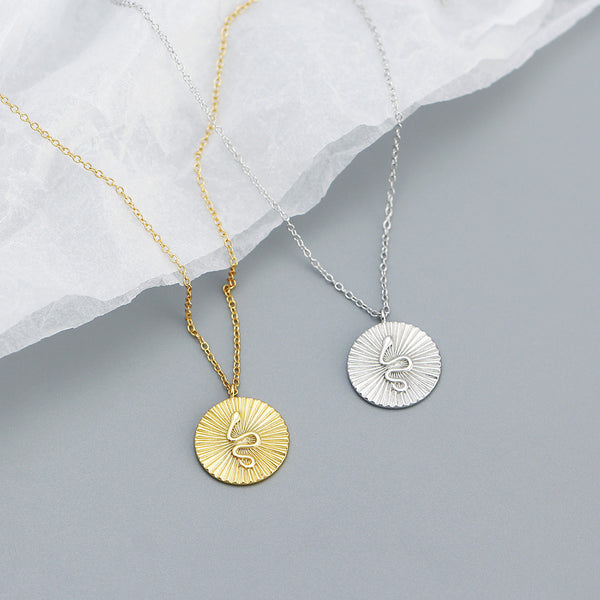 YHN073 925 Sterling Silver Women Snake Texture Coin Pendant Necklace