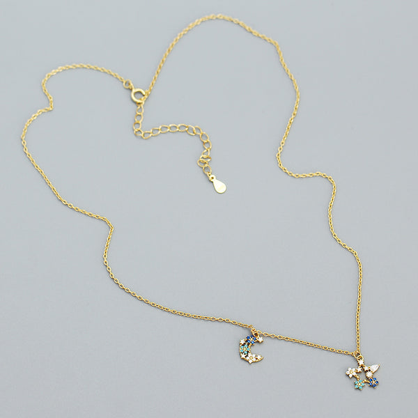 YHN071 925 Sterling Silver Colorful Stone Star Moon Crescent Pendnat Necklace