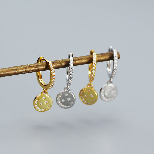 YHE0526 925 Sterling Silver Smile CZ Coin Dangle Hoop Earring