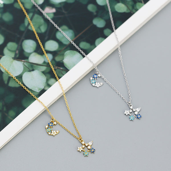 YHN071 925 Sterling Silver Colorful Stone Star Moon Crescent Pendnat Necklace