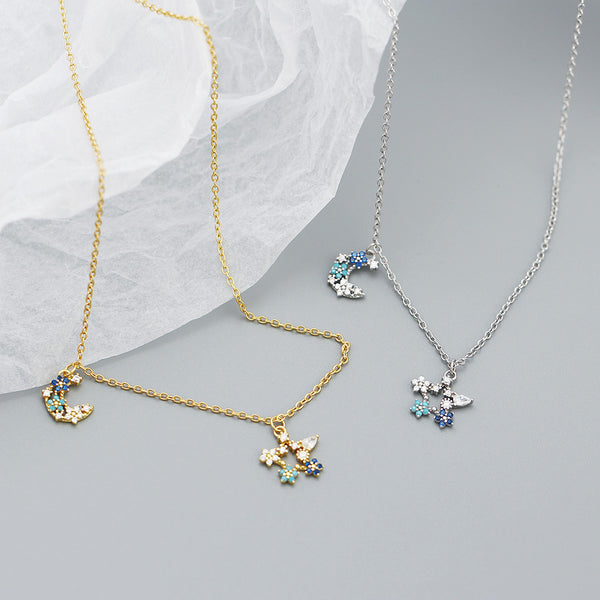 YHN071 925 Sterling Silver Colorful Stone Star Moon Crescent Pendnat Necklace