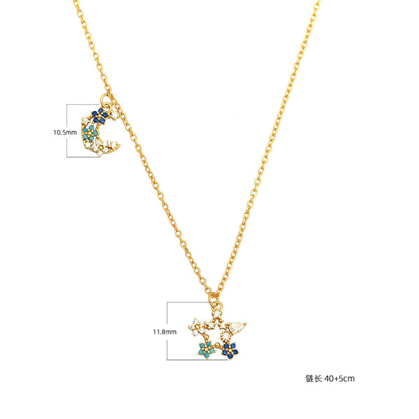 YHN071 925 Sterling Silver Colorful Stone Star Moon Crescent Pendnat Necklace