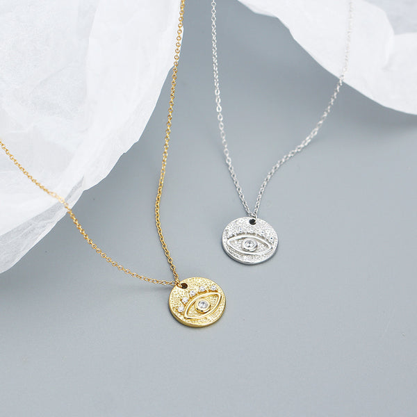 YHN074 925 Sterling Silver Bezel Set CZ Evil Eye Coin Pendant Necklace