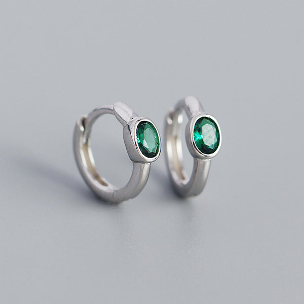 YHE0381 925 Sterling Silver Green Oval Stone Women Hoop Earring