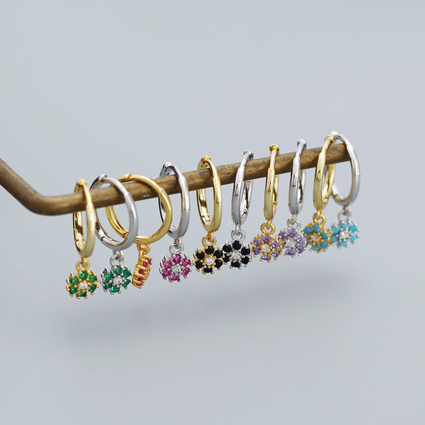 YHE0532 925 Sterling Silver Trendy Rainbow CZ Daisy Flower Drop Hoop Earrings