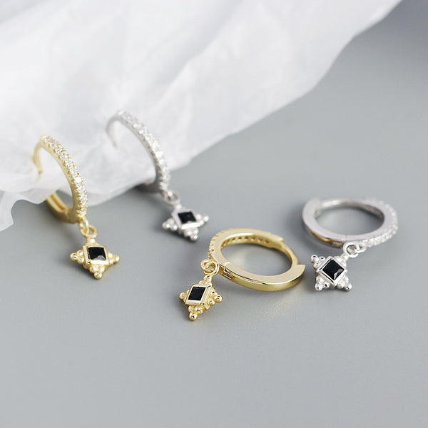 YHE0396 925 Sterling Silver Black Stone Cross Bead Dangle Earring