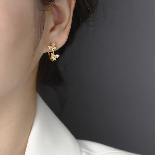 YHE0449 925 Sterling Silver Vintage Double Butterfly Open Half Hoop Earrings