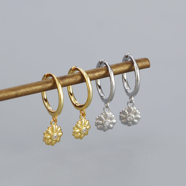 YHE0469 925 Sterling Silver Dainty Daisy Flower Bezel CZ Dangle Hooo Earring