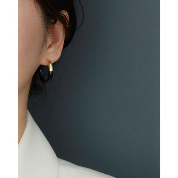 YHE0517 925 Sterling Silver Vintage Black Enamel Open Half Hoop Earrings