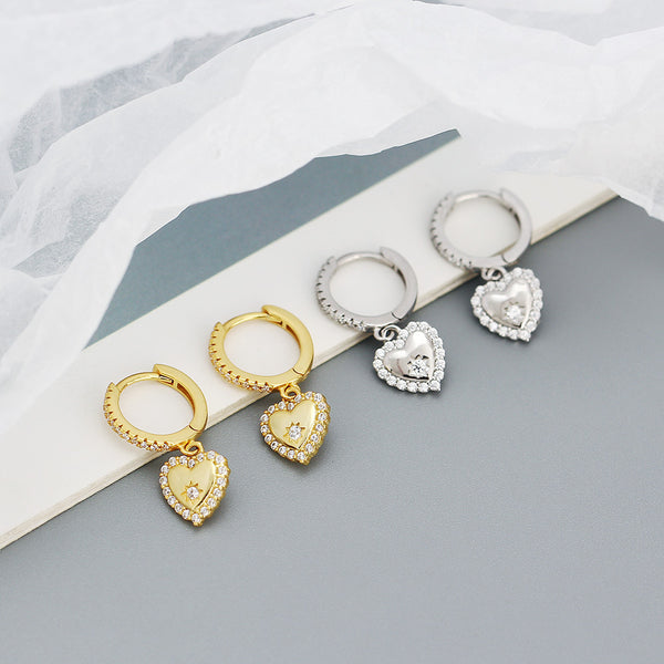 YHE0500 925 Sterling Silver Dainty Cubic Zirconia Heart Drop Hoop Earrings