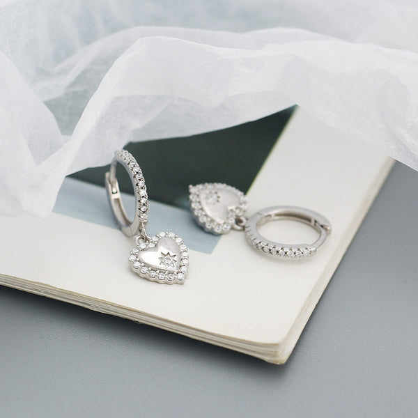YHE0500 925 Sterling Silver Dainty Cubic Zirconia Heart Drop Hoop Earrings