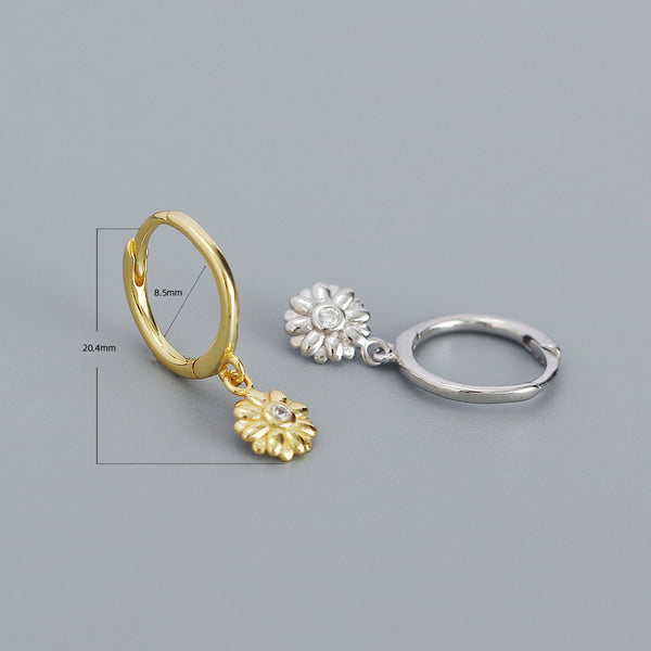 YHE0469 925 Sterling Silver Dainty Daisy Flower Bezel CZ Dangle Hooo Earring