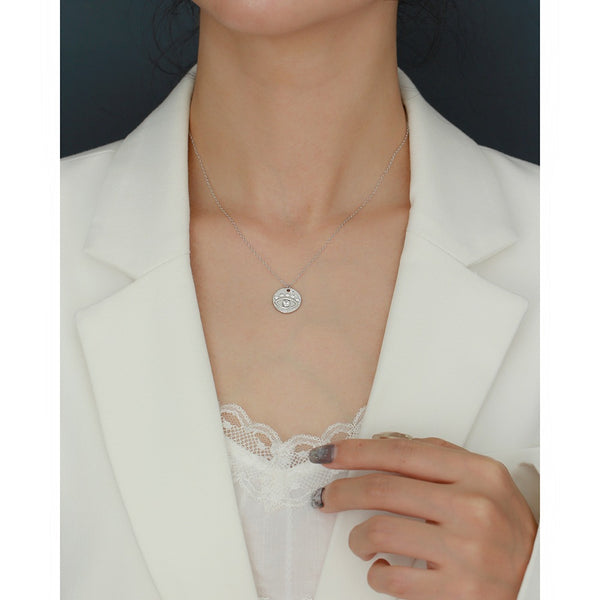 YHN074 925 Sterling Silver Bezel Set CZ Evil Eye Coin Pendant Necklace